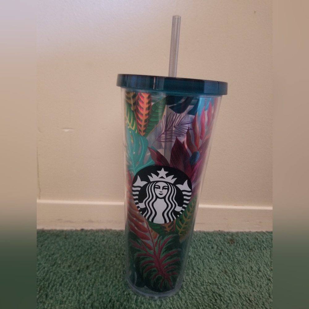 Starbucks Multicolor Leafy Design Cup w/ Reusable Straw